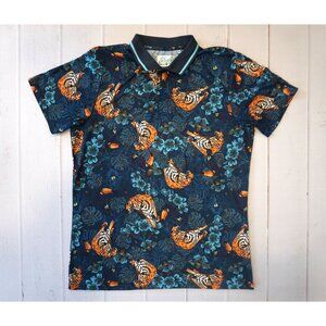 Fresh Prints Of Bel Air Men’s Blue Jungle Print Polo Shirt with Tigers, Size XL